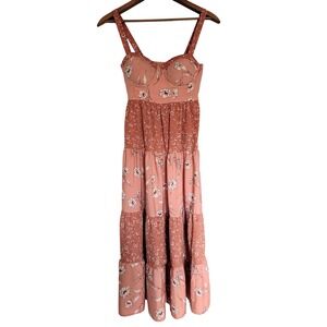 Smocked Milkmaid Coquette Babydoll Tiered Maxi Dress XS Floral Cottage Peasant